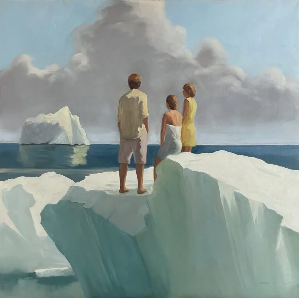 three people standing on top of an iceberg looking out at the endless horizon at sea.